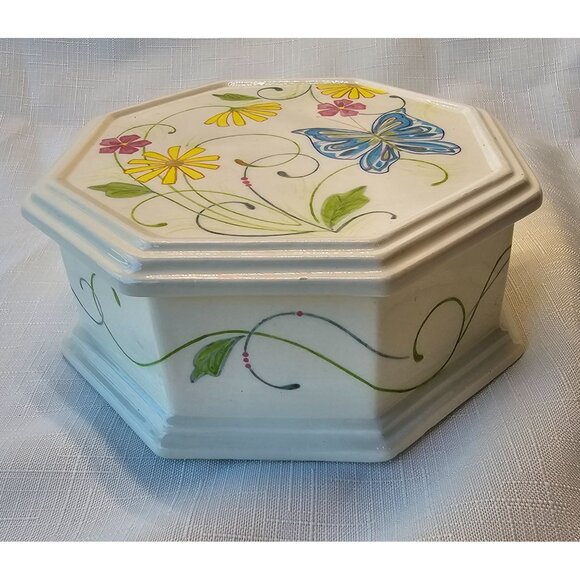 Ceramic Glazed Butterfly Octagon Ring/Jewelry Box/Trinket Box/Stash Box Artist S - Picture 9 of 11